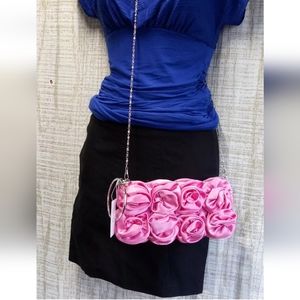 NWT Bella Collection Satin Pink Roses Crossbody Clutch Chain Strap Small